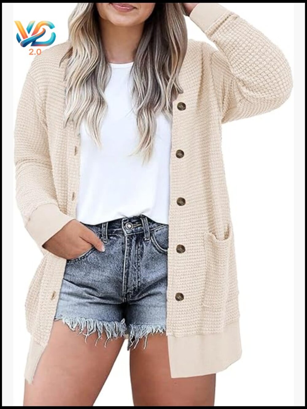 Plus Size Waffle Knit Cardigan Soft Long Sleeve Front Button Tops with Pockets